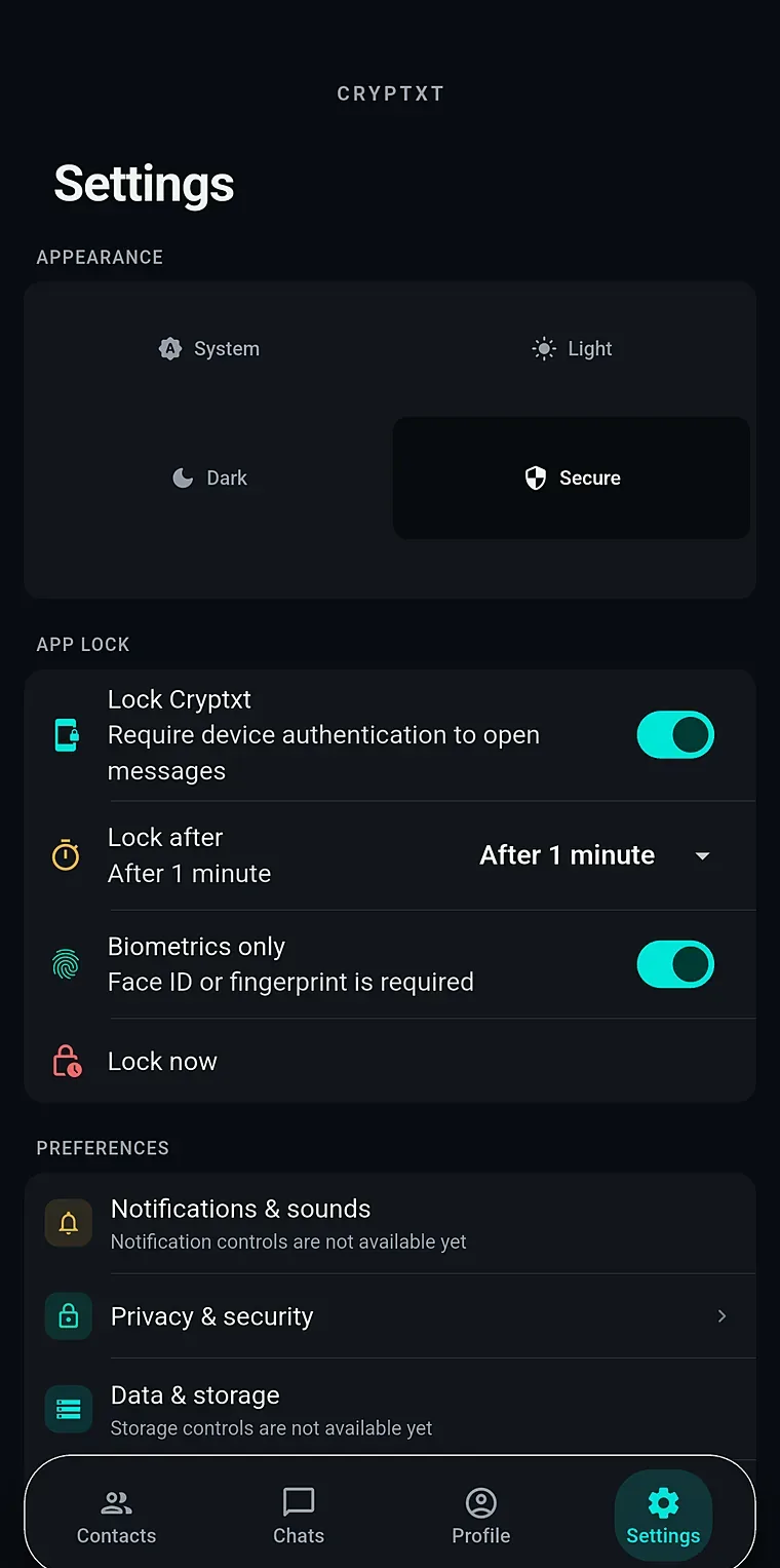 Cryptxt — App lock: Biometrics and at-rest encryption